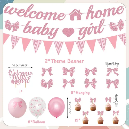 Miniatura 2 de Decoraciones de bienvenida a casa para bebé, 42 unidades, lazo rosa, decoración de baby shower, remolinos colgantes, decoración de tartas grandes
