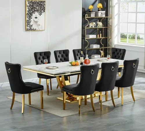 Miniatura 20 de Juego de mesa de comedor grande y moderna de mármol sintético blanco de 94.5 pulgadas, juego de mesa de comedor de 10 piezas con 10 sillas tapizadas