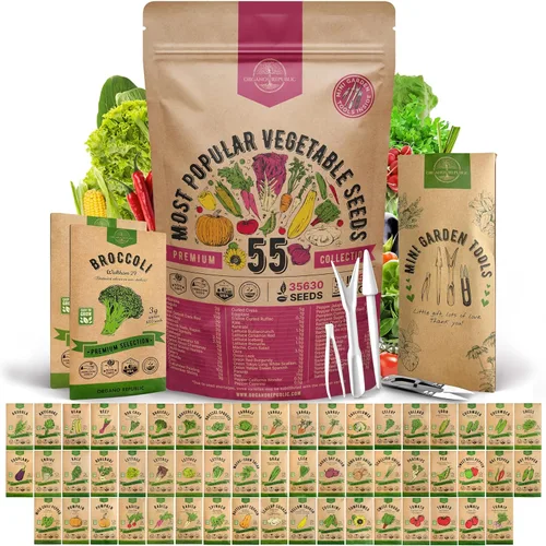 Surtido de 55 semillas de verduras – más de 35,600 semillas autóctonas sin OMG para plantar verduras y frutas en paquetes de semillas individuales,