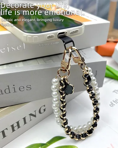 Miniatura 4 de Correa de muñeca para teléfono con cuentas de perlas, pulsera de teléfono desmontable con lengüeta de sujeción, pulsera universal con cuentas