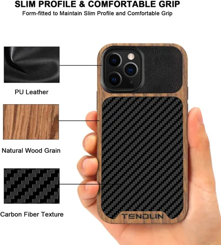 Miniatura 3 de TENDLIN Funda compatible con iPhone 12 Pro Max de grano de madera con diseño de textura de fibra de carbono, funda híbrida de cuero negro
