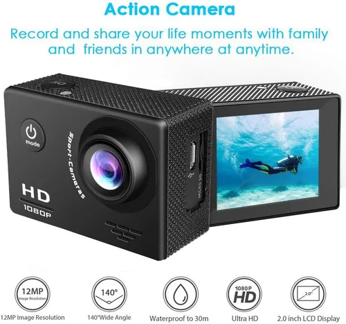 Miniatura 5 de Cámara de acción deportiva Full HD 1080P de 12MP con pantalla de 2.0 pulgadas, gran angular de 140°, cámara impermeable de 98.4 ft/98 pies