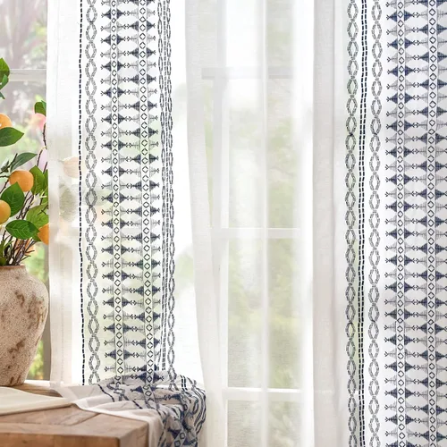 jinchan Cortinas traslúcidas para sala de estar, dormitorio, cortinas azules bohemias bordadas, cortinas de gasa bohemias de 63 pulgadas de largo,