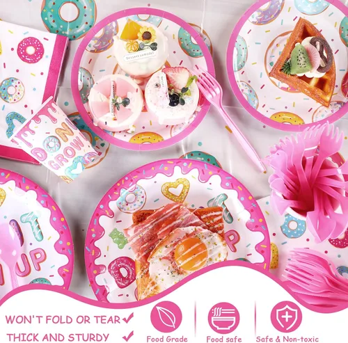 Miniatura 4 de Tiamon 171 piezas de decoraciones de fiesta de donas de Candyland para 24 invitados, decoraciones de fiesta temática de caramelos, incluye platos