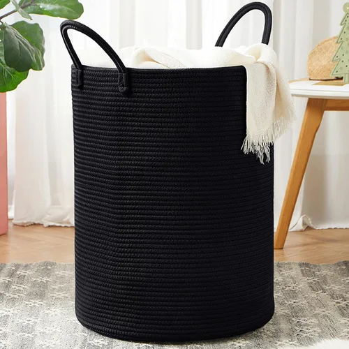 Miniatura 10 de 15Dx20H pulgadas Cesta de lavandería grande rosa para niños, cesta de lavandería de cuerda tejida para guardería, para habitación de niñas, Rosa1