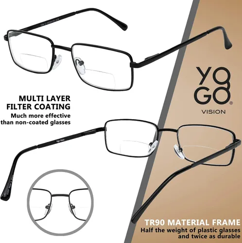 Miniatura 5 de Yogo Vision Bifocal Reading Glasses 2 Pack Metal Full Rim Readers Rectangle Glasses for Reading Men and Women