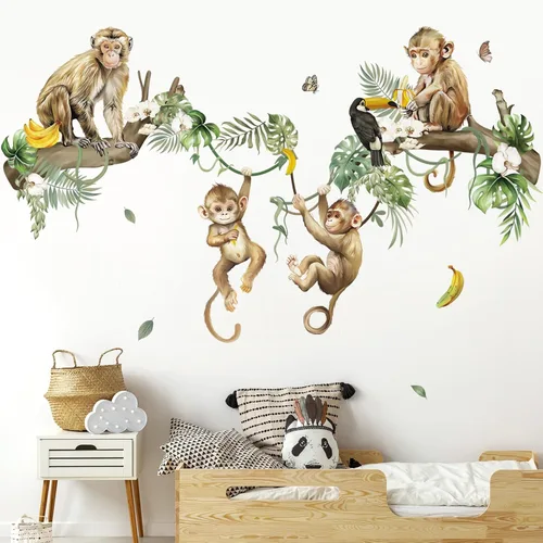 Miniatura 12 de decalmile Calcomanías de pared de rama de árbol de animales de selva, safari animal, mono, koala, calcomanías de pared para bebé, guardería