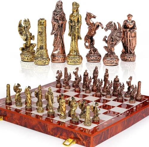 Juego de ajedrez vintage de metal para adultos y niños, tablero de madera de 15 pulgadas con piezas de metal, juego de ajedrez de viaje, juego