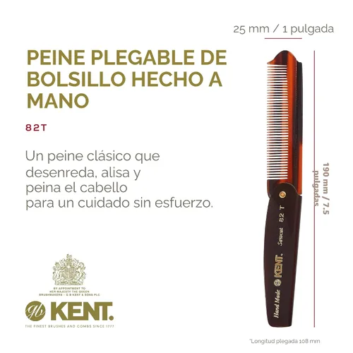 Miniatura 2 de Kent 82T Peine de bolsillo plegable hecho a mano para hombres, peine de dientes finos para peinar y alisar el cabello todos los días, para barba