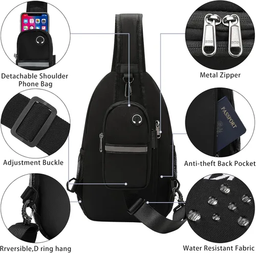 Miniatura 6 de Mochila cruzada para mujeres y hombres, multiusos, artículos esenciales de viaje, senderismo, bolsa de pecho D1-negro