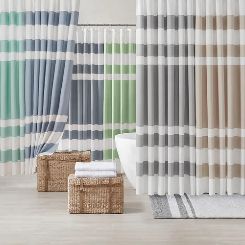 Miniatura 8 de Madison Park Cortina de ducha de tejido waffle con diseño a rayas en piezas, cortina de ducha de tela para baño con gestión de humedad 3M Rayas Taupe