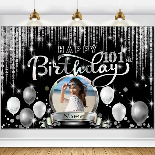 Miniatura 107 de Cartel de decoración de feliz cumpleaños número 100 personalizado - Personalización disponible - Negro y plateado - Tamaño grande - Admite fotos