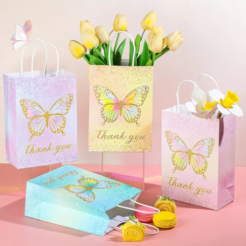 Miniatura 3 de TaoBary - 24 bolsas de regalo de mariposa con asas, regalo de mariposa con texto en inglés "Thank You for Fluttering by Treat", bolsas de regalo