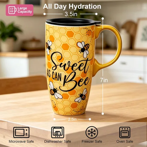 Miniatura 9 de Topadorn Taza de cerámica de café de porcelana con tapa en caja de regalo de 17 onzas, tazas de café novedosas para hombres, mujeres, oficina y Abeja