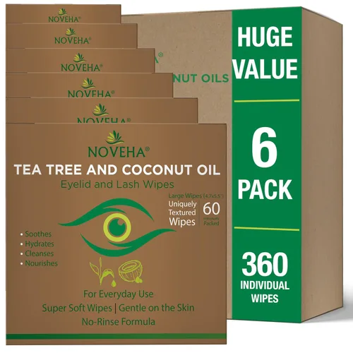 Miniatura 11 de NOVEHA 60 toallitas para párpados y pestañas de árbol de té y aceite de coco, para demodex, blefaritis y picazón en los ojos, toallitas de pestañas
