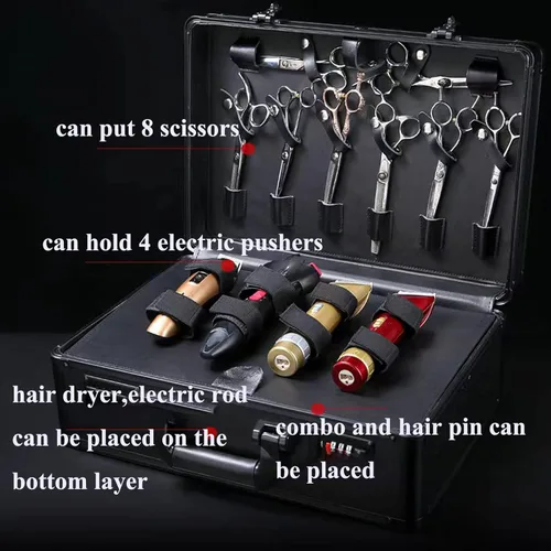 Miniatura 7 de Estuche de peluquero portátil para cortapelos y suministros, doble capa grande, herramientas de viaje, caja organizadora, kit de peluquería Negro