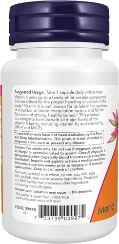 Miniatura 3 de NOW Foods Suplementos, MK-7 Plus con K1 y MK-4, apoya la salud ósea*, 90 cápsulas vegetales
