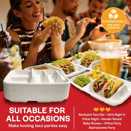 Miniatura 6 de Platos desechables blancos para tacos para 2 tacos y 2 lados – Paquete de 25 Platos de papel de primera calidad con divisores, soporte para tacos