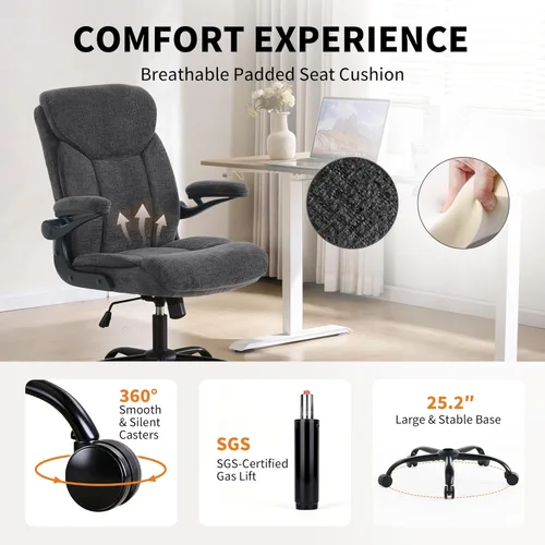 Miniatura 6 de Silla ergonómica de escritorio para oficina en casa, silla ejecutiva de tela cómoda con reposabrazos abatibles, silla de computadora de altura Gris