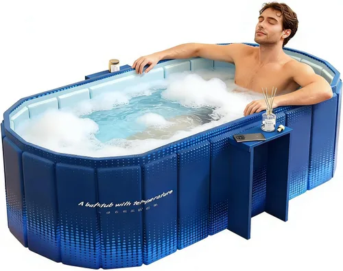 jessie Bañera portátil de 47 pulgadas, bañera de hielo plegable para adultos, baño caliente para remojar en frío, bañera independiente para Azul