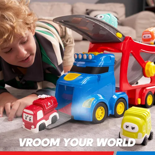 Miniatura 8 de Vroomix Camiones de Juguete Extra Grandes para Niños Pequeños, Camiones de Ciudad de 3 Niveles para Niños, Camión Transportador Grande 7 en 1