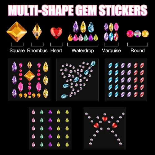 Miniatura 4 de Juego de 12 hojas de calcomanías para la cara, 2 con 7 colores, diamantes de imitación autoadhesivos de forma mixta, con pegamento de maquillaje