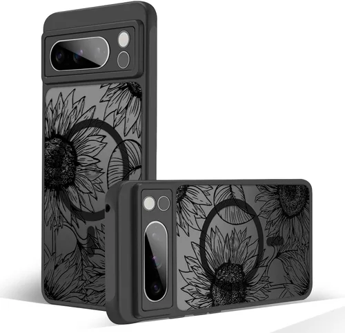Miniatura 60 de Funda magnética para Google Pixel 10A [Compatible con MagSafe] Funda con patrón floral de flores negras para mujeres y niñas, con borde de TPU Rama