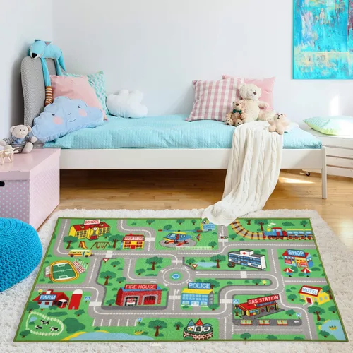Miniatura 6 de Yincimar Alfombra de juego para niños para sala de juegos, 5.2 x 3.3 pies, mapa de ruta de la ciudad, alfombra de juego para automóvil, alfombra