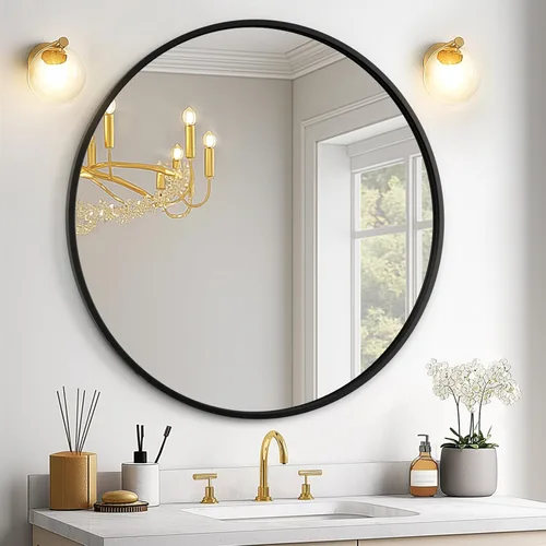 USHOWER Espejo redondo negro para sobre el fregadero de 24 pulgadas, espejo de baño circular, espejo de tocador con marco de metal, espejo de pared