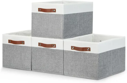 Bidtakay Paquete de 4 cestas de almacenamiento plegables de tela para organizar 15 x 11 x 9.5 pulgadas, color blanco y gris claro