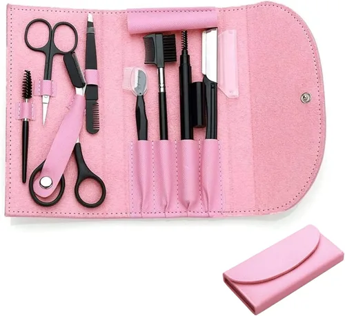 8 unids/set profesional de cejas, kit de aseo para moldear cejas, juego de herramientas de belleza con bolsa de cuero, kit de aseo de cejas para
