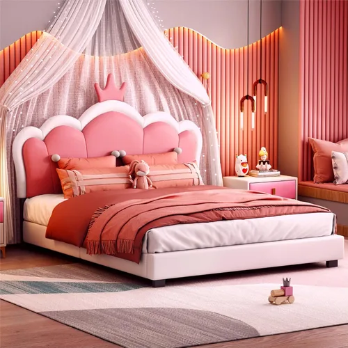 Miniatura 12 de Bonita cama de princesa tapizada de tamaño individual con cabecera corona, plataforma de piel sintética rosa para niños y niñas, no requiere somier