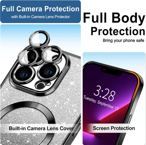 Miniatura 3 de Hython Funda para iPhone 13 Pro transparente con purpurina magnética [compatible con MagSafe] Protector completo de lente de cámara delgado