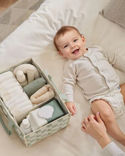 Miniatura 6 de Blissful Diary Organizador de pañales a cuadros, elegante cesta de almacenamiento para guardería, regalo para baby shower, artículos esenciales