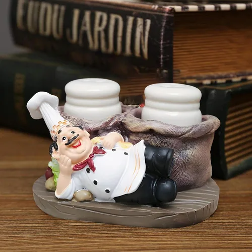 Miniatura 5 de Juego de salero y pimentero, estatua decorativa de chef sentado, organizador de especias, tarros de especias de vidrio con soporte, figura de regalo