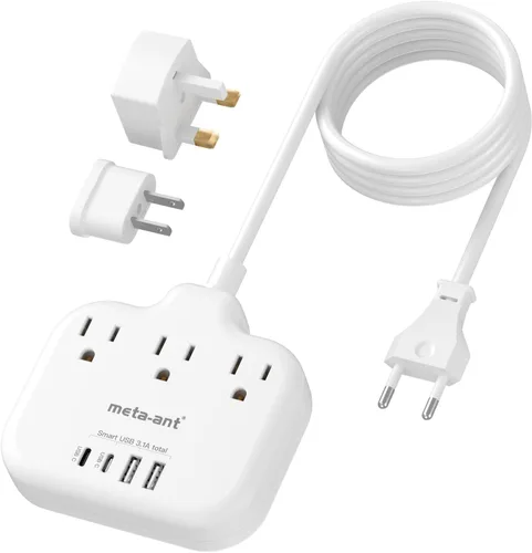 Miniatura 9 de Adaptador de enchufe de viaje europeo, adaptador de enchufe estadounidense a europeo con 3 tomas de corriente americanas y 4 USB, cable