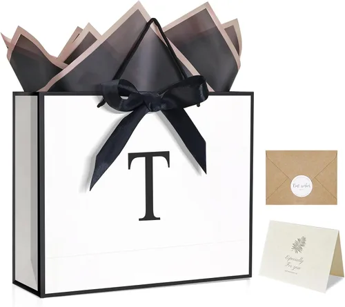 Miniatura 16 de QLSKO - Bolsa de regalo con monograma personalizada, bolsa de papel con inicial personalizada con tarjeta, sobre a juego, cinta con lazo y papel
