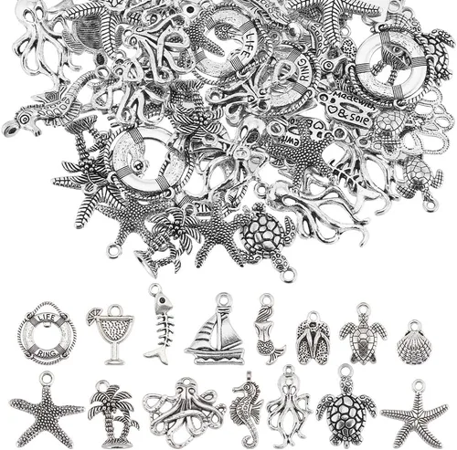 Miniatura 9 de SUNNYCLUE 1 caja de 72 piezas de 12 estilos de dijes plateados del océano Hawaii Beach Charm a granel estilo tibetano aleación tortuga marina sol