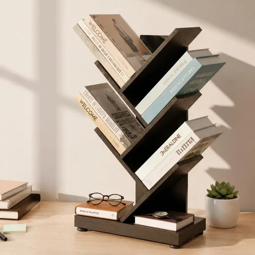 Miniatura 7 de ruboka - Estantería de árbol de 5 estantes, estantería de pie de 5 niveles para CDs/Revista/Libros, pequeño organizador de libros para dormitorio