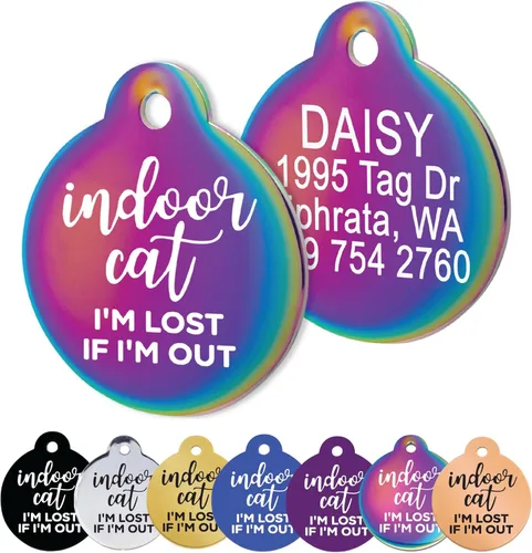 GoTags Etiqueta personalizada para gatos de interior, grabada con 4 líneas de identificación personalizada, etiqueta redonda de identificación de