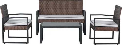 Miniatura 7 de JONATHAN Y Elina LVG1102B-4SET - Juego de 4 piezas para patio al aire libre, muebles modernos de mimbre con cojines y mesa de centro de madera
