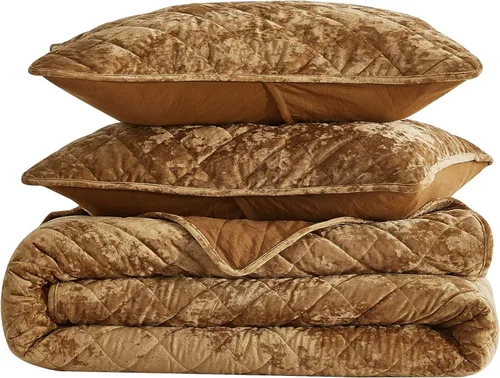 Miniatura 9 de Chezmoi Collection Lux - Juego de edredón de terciopelo dorado caramelo, tamaño King, 3 piezas, ropa de cama de terciopelo desgastado de felpa