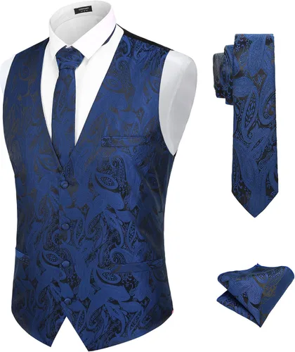 COOFANDY Conjunto de chaleco, corbata y pañuelo para hombre, 3 piezas, patrón de cachemira con estampado Paisley, jacquard, para fiesta de