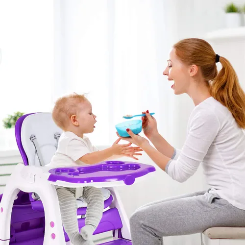 Miniatura 8 de Costzon Silla alta para bebé, juego de mesa y silla infantil 3 en 1, asiento elevador convertible con bandeja de alimentación ajustable de 3 Púrpura