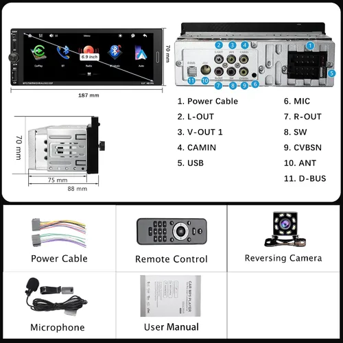 Miniatura 6 de Radio estéreo de coche de 6.9 pulgadas con pantalla táctil de un solo DIN, radio inalámbrica Apple Carplay y Android Auto, enlace de espejo, FM, EQ