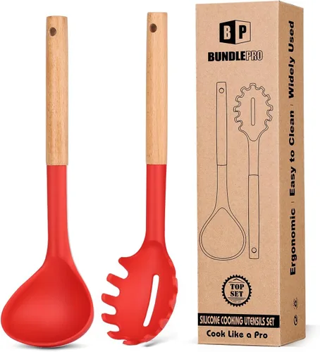 Miniatura 9 de Juego de tenedor y cucharón de silicona para pasta con mango de madera, utensilios de cocina antiadherentes resistentes al calor para cocinar, Caqui