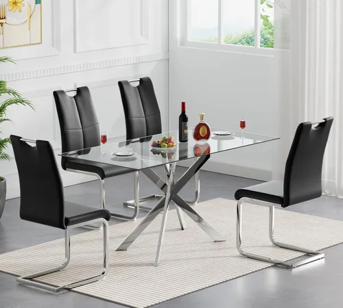 Miniatura 20 de Juego de mesa de comedor redonda de 3 piezas para 2, mesa de cocina moderna de vidrio plateado y sillas para 2 con sillas tapizadas, juego de mesa