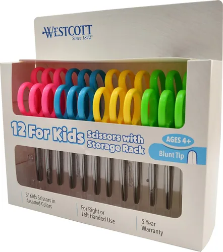 Westcott Tijeras escolares para niños zurdos y diestros, 5 pulgadas, romo, paquete de 12, surtido