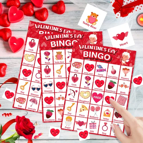 Miniatura 2 de V-Opitos Tarjeta de juego de bingo de gran tamaño para el día de San Valentín para niños y adultos, 24 jugadores, juego de San Valentín