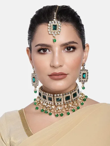Miniatura 2 de Aheli Traditional Ethnic Kundan Pearls Bridal Choker Necklace Earring Maang Tikka Indian Bollywood Jewelry Set Gift for Women Green